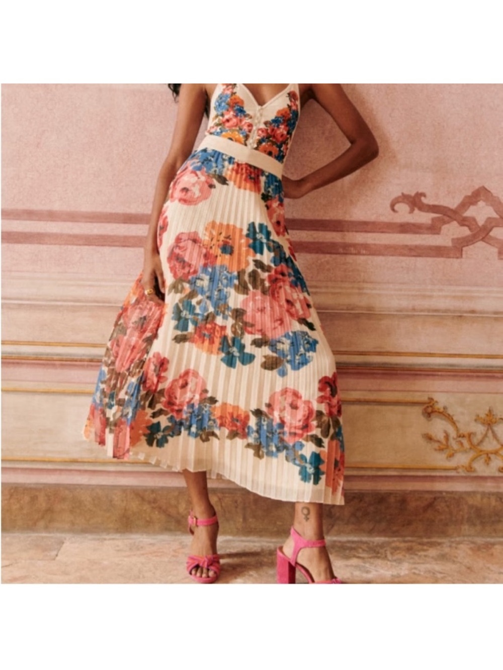SEZANE Dilona Skirt Maxi Roses Floral Pleated Midi High Waisted Cream Pink - Picture 2 of 8